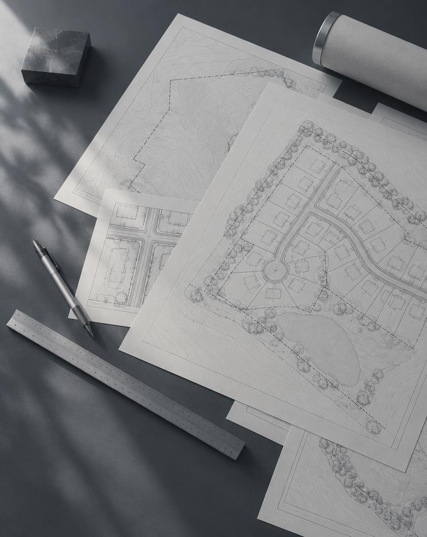 Site plan drawings, a scale ruler and a drafting pencil laid out on a slate desk